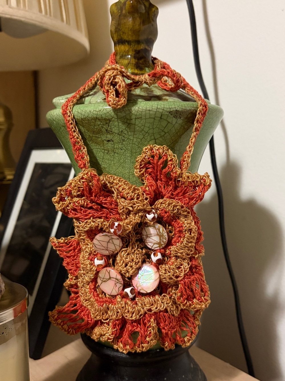 Artisan Crochet Floral Necklace in Rust and Gold-Tan